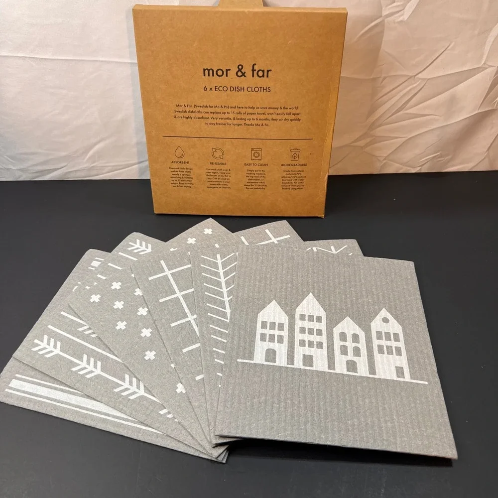 Mor & Far 6 Pack Eco Dish Cloths Unisex Grey NEW‎ Swedish Reusable Cellulose